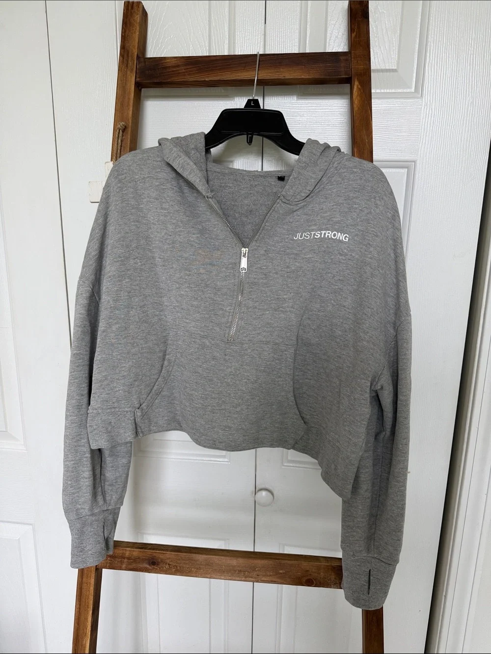 JUST STRONG Women's Grey Cropped Hoodie dropped shoulder. Oversized Sweatshirt